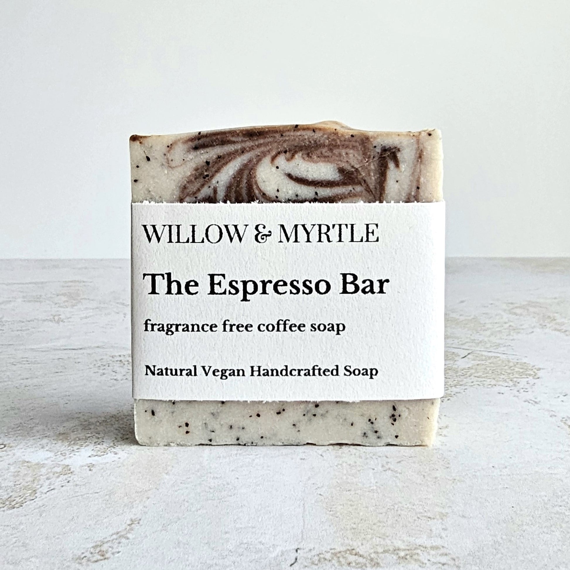 square soap with cocoa swirl and label