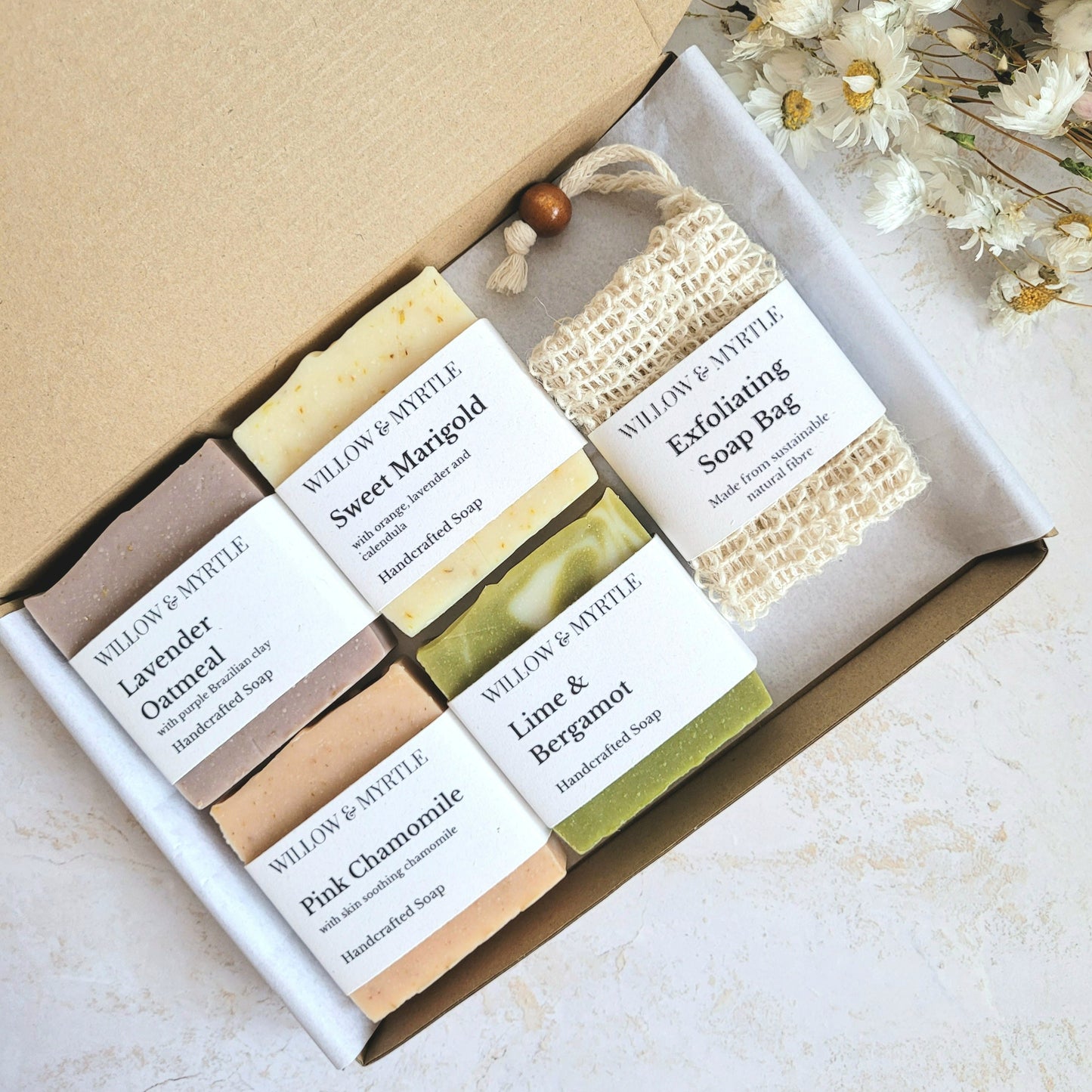 Soap gift set, handmade soap gift, natural soap, multi buy soap, soap selection, letterbox size gift, exfoliating soap pouch, vegan soap, vegan skincare. soap gift box. botanical soap. aromatherapy soap.