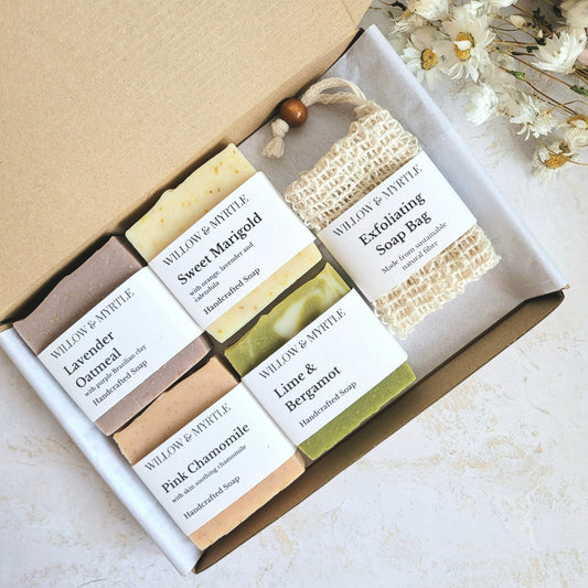 Soap gift set, handmade soap gift, natural soap, multi buy soap, soap selection, letterbox size gift, exfoliating soap pouch, vegan soap, vegan skincare. soap gift box. botanical soap. aromatherapy soap.