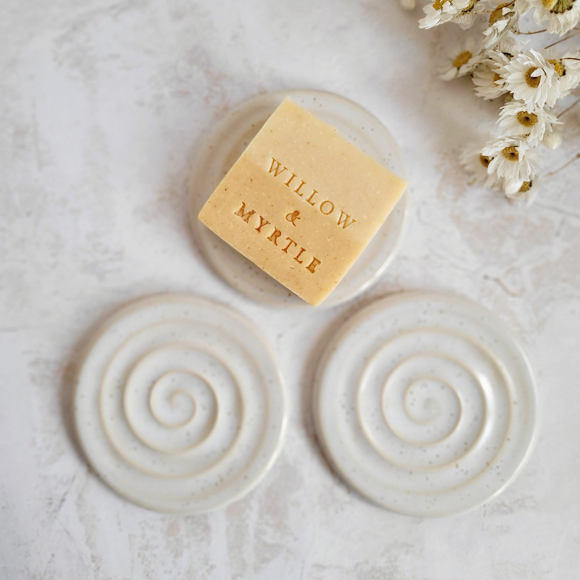 round ceramic soap dish and handmade vegan soap gift set