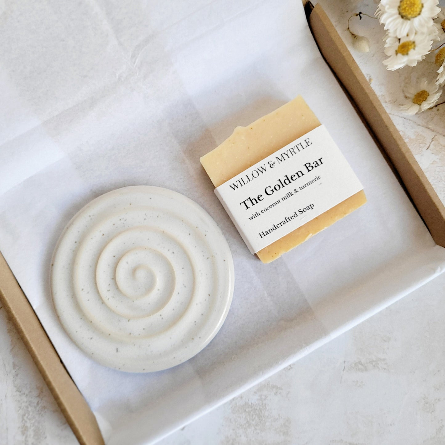 Soap gift set - handmade natural soap bar and round ceramic soap dish, natural soap gift box, vegan soap, vegan gift