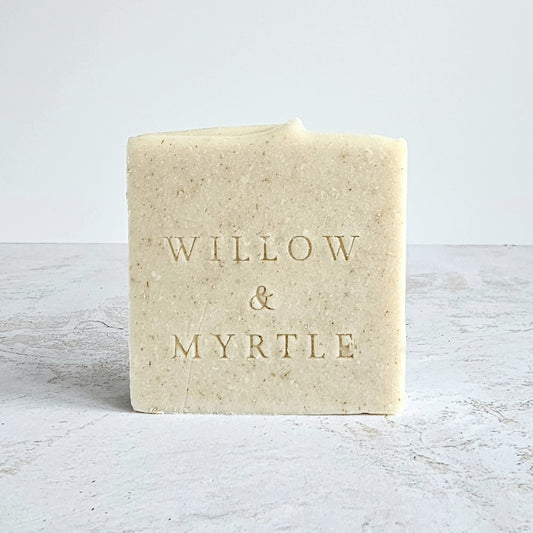 square cream beige soap bar with willow and myrtle logo stamped in front