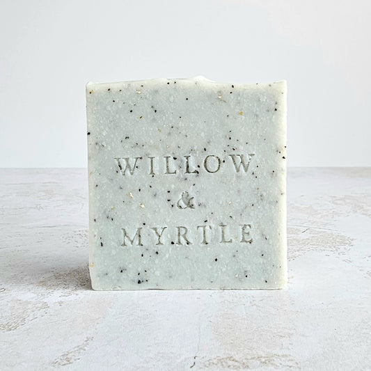 pale blue green square soap bar with specs of ground coffee and oatmeal