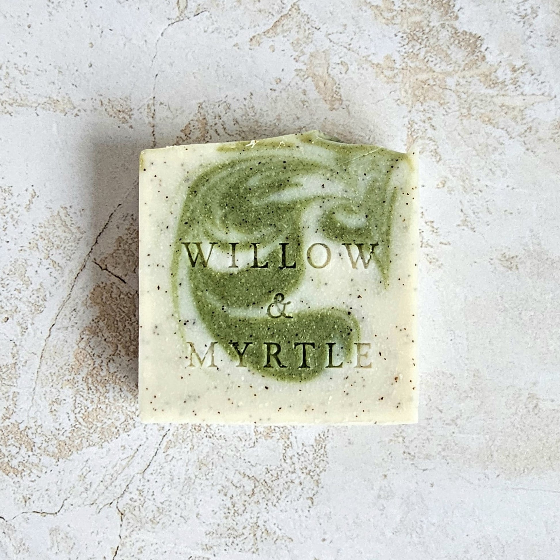 square soap, swirl design, willow & myrtle logo stamped in front